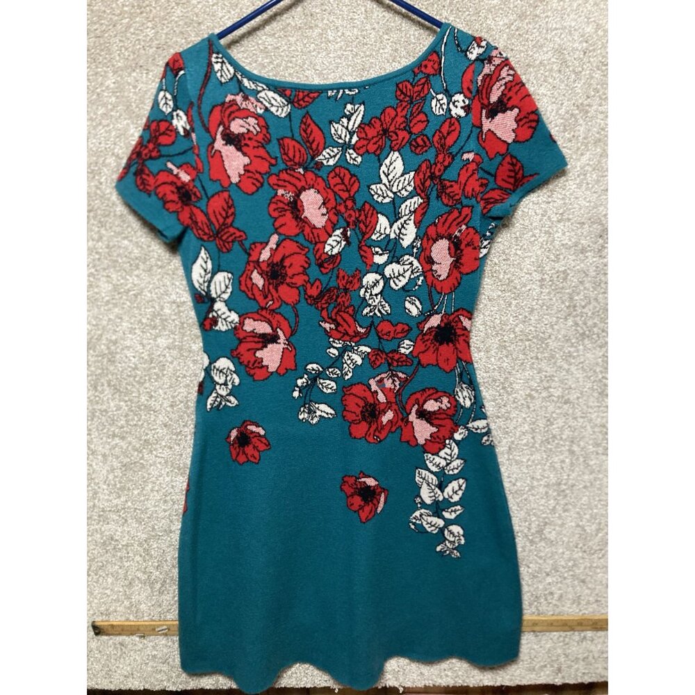 Maeve By Anthropologie Floral Knit Dress Medium Teal & Red Short Sleeve Scoop Ne - Picture 4 of 4